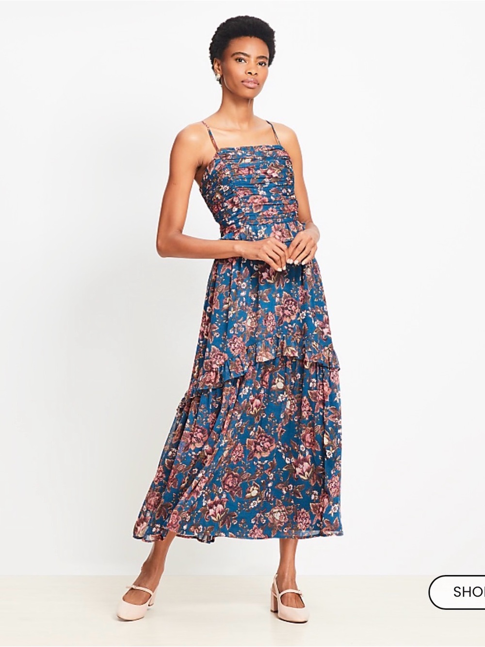 Loft • Floral Smocked Strappy Maxi Dress in Underwater Teal Size Small